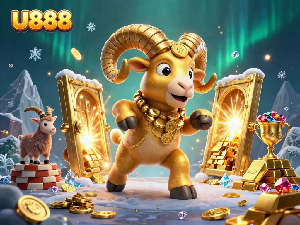 Engage with U888's thrilling gaming adventures featuring a massive golden ram amid treasure!