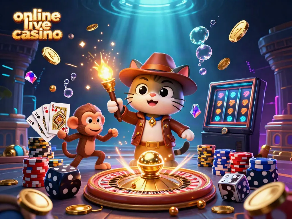 Experience the thrill of an online live casino with vibrant scenes of gameplay and adventure.