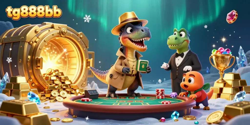 Engage in thrilling blackjack at tg888bb with cartoon dinosaurs in an exciting casino scene.