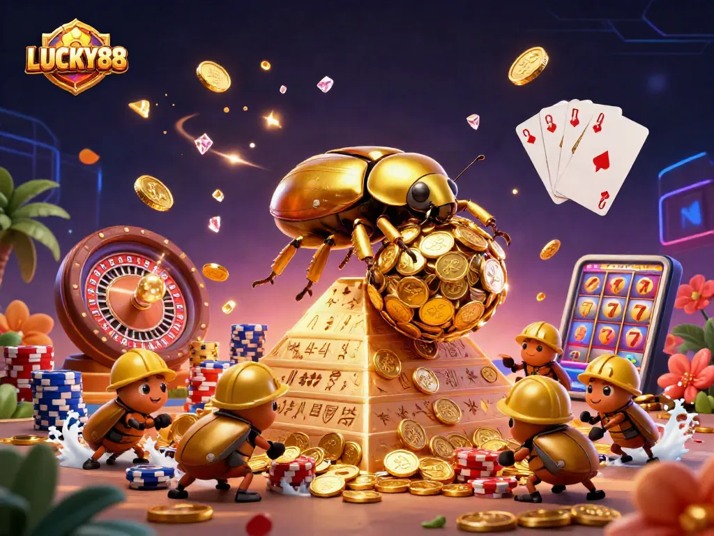 LUCKY88 showcases a golden beetle rolling coin bundles amidst vibrant casino elements.