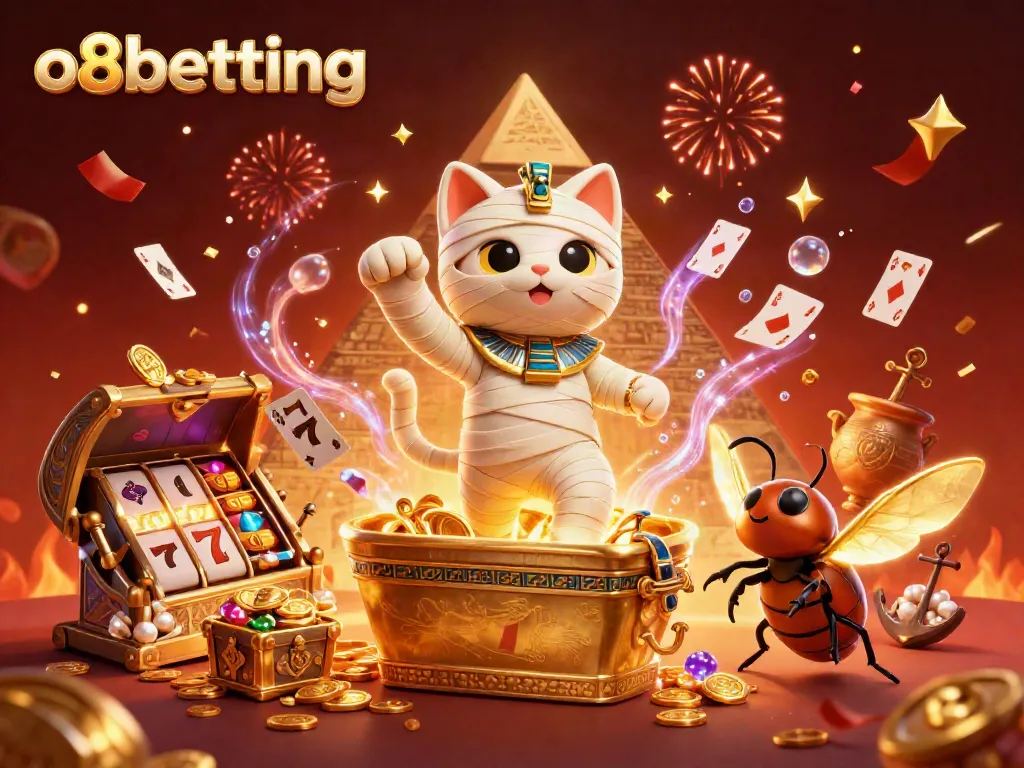 Experience the excitement at o8betting with a thrilling 3D casino scene featuring a mummy cat and golden elements.