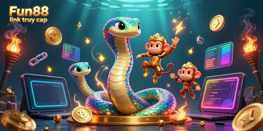Experience the magic of Fun88 link truy cập in this vibrant 3D casino scene featuring rich elements and characters.