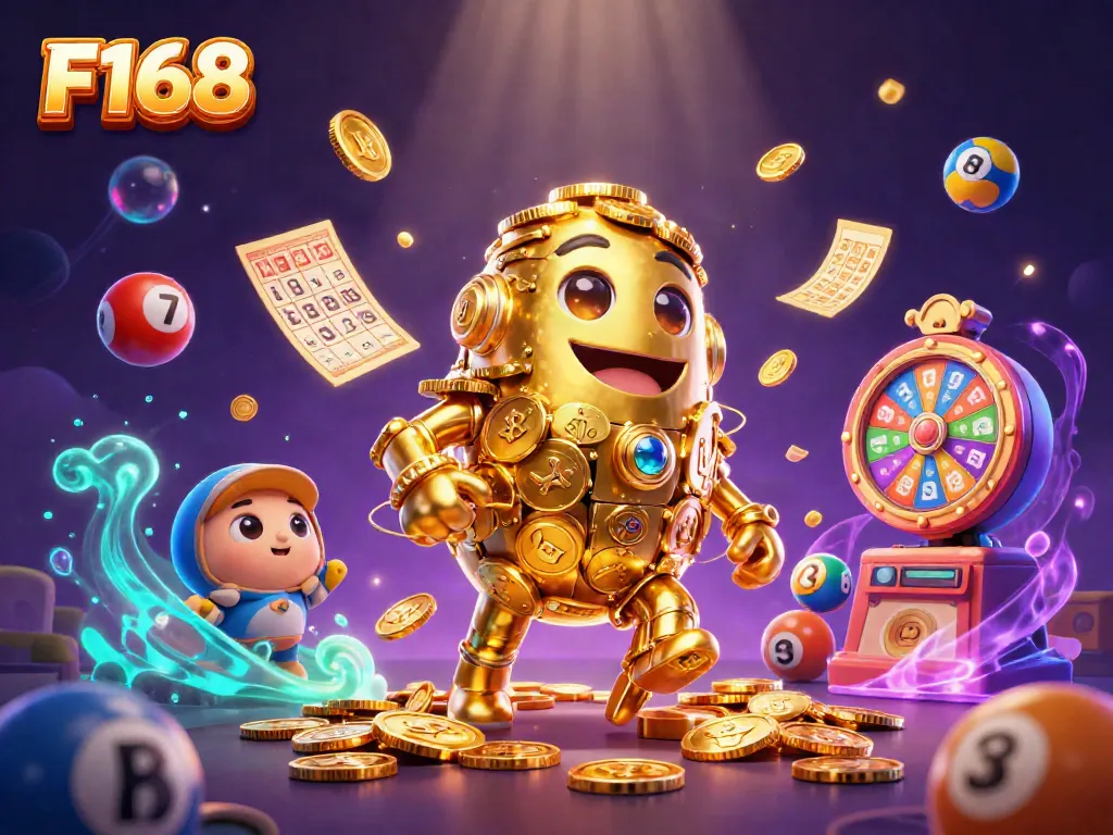 Experience thrilling gameplay with F168's golden golem and vibrant lottery elements in this dynamic digital illustration.