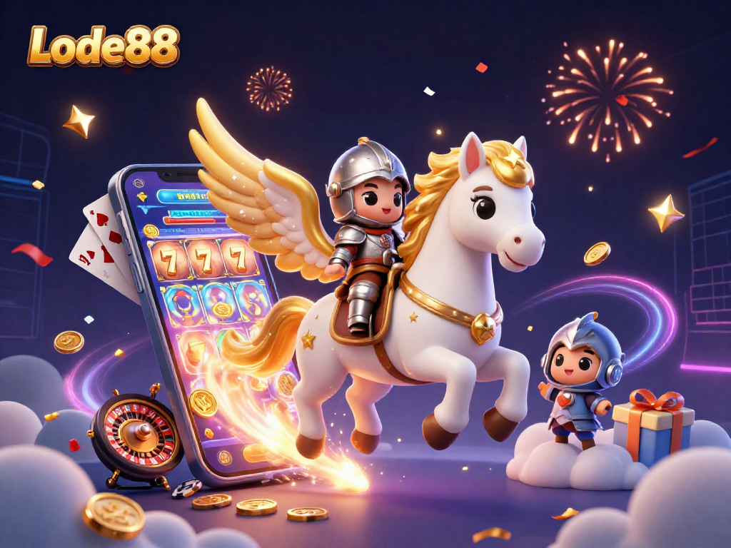 Lode88 introduces a thrilling scene with a celestial horse and knight amidst vibrant casino symbols.