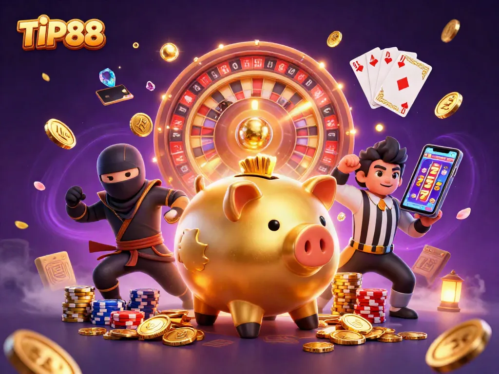 Experience dynamic gaming action at TIP88 with a vibrant illustration of casino fun, featuring a sumo wrestler and ninja.