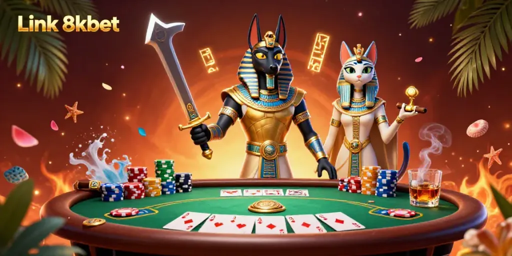 Engaging scene of Link 8kbet with Anubis and Bastet characters at a vibrant poker table.