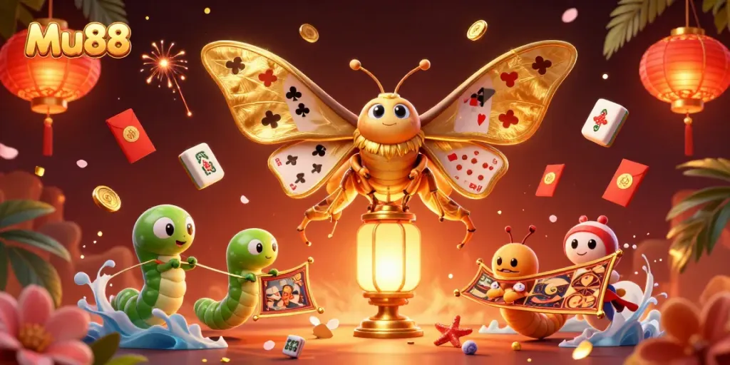Experience thrilling games like slots at Mu88 with dazzling golden lanterns and festive decorations.