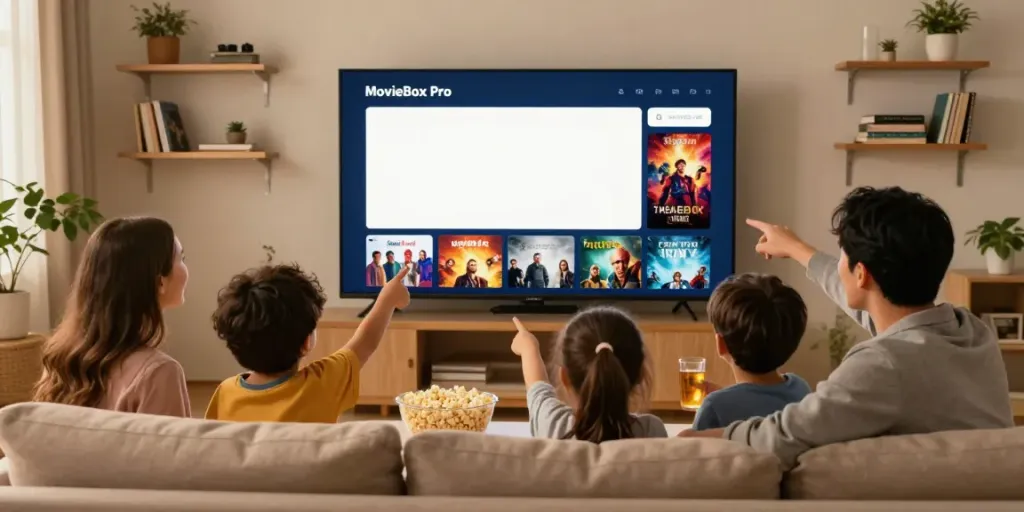 Family enjoying a movie night using MovieBox Pro app on big screen while relaxing on the sofa, read more about the app's features.