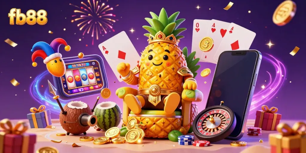 Experience the thrill of fb88 with a vibrant casino scene featuring a pineapple king, games, and celebration elements.