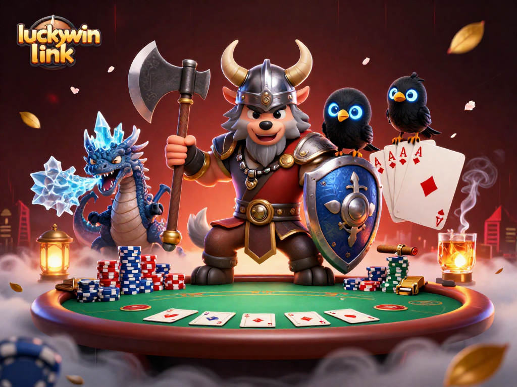 Engaging scene depicting luckywin link with a Viking wolf warrior, dragon, and poker elements for an immersive casino experience.