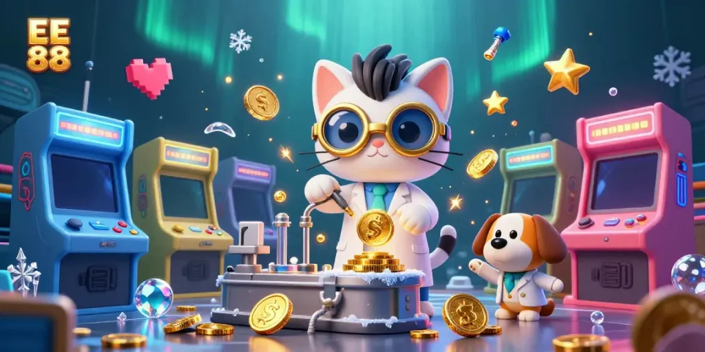 Join the fun at EE 88's vibrant casino, where mad scientist cat and loyal dog create winning moments!