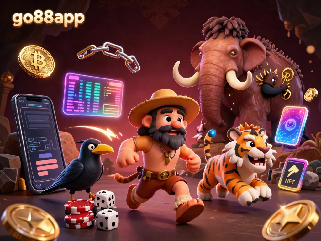 Win big with go88app in a vibrant prehistoric casino featuring unique characters and crypto elements.