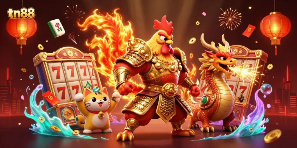 Engage with tn88's thrilling gameplay featuring a fighting rooster in armor and a cheering fortune cat.