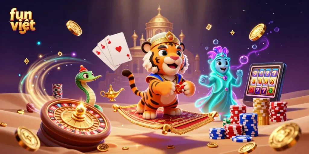 Experience the excitement of fun việt at a vibrant casino scene filled with flying coins and game elements.
