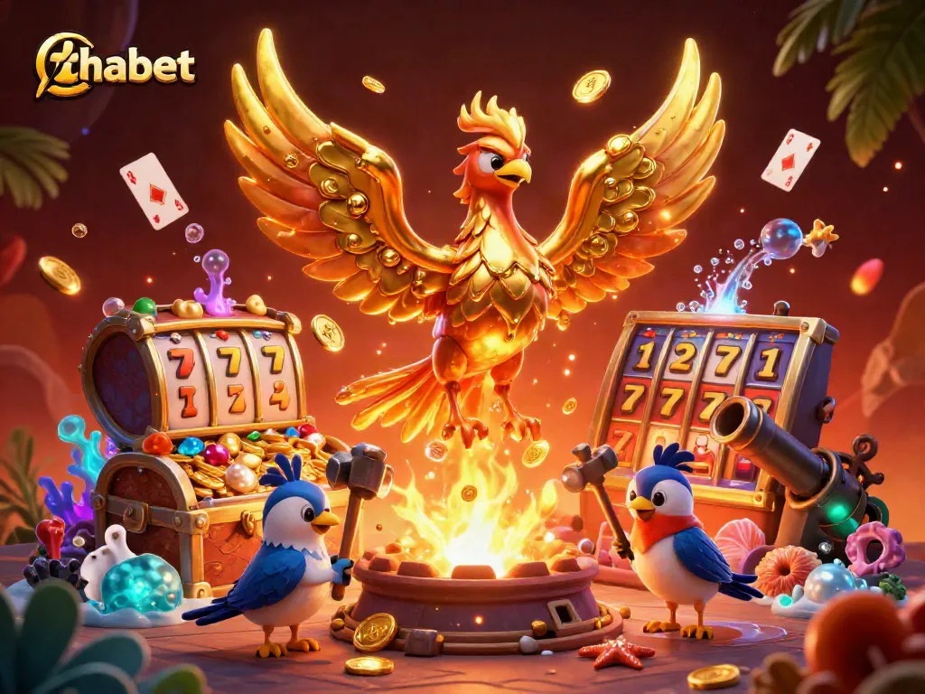 Experience thabet's vibrant online casino world with a golden phoenix surrounded by slot reels and treasures.