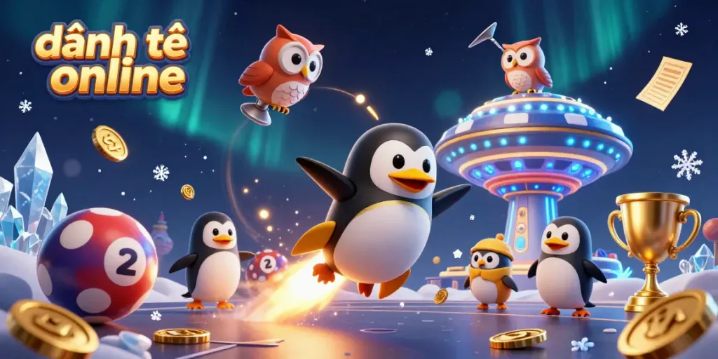 Experience the excitement of đánh đề online with a golden penguin soaring towards a casino space station.