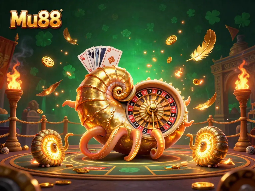 Experience Mu88's exciting gaming with a 3D illustration featuring a giant nautilus roulette wheel and glowing companions.