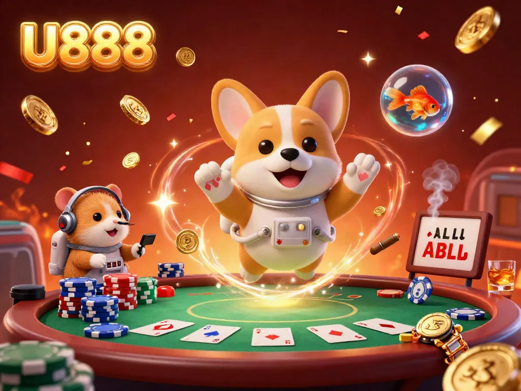 Experience U888's vibrant casino atmosphere with floating characters and game elements!
