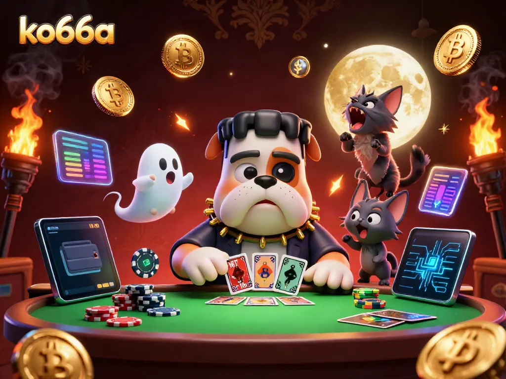 ko66a's thrilling casino adventure with a cartoon bulldog dealing cards surrounded by glowing crypto coins and spooky effects