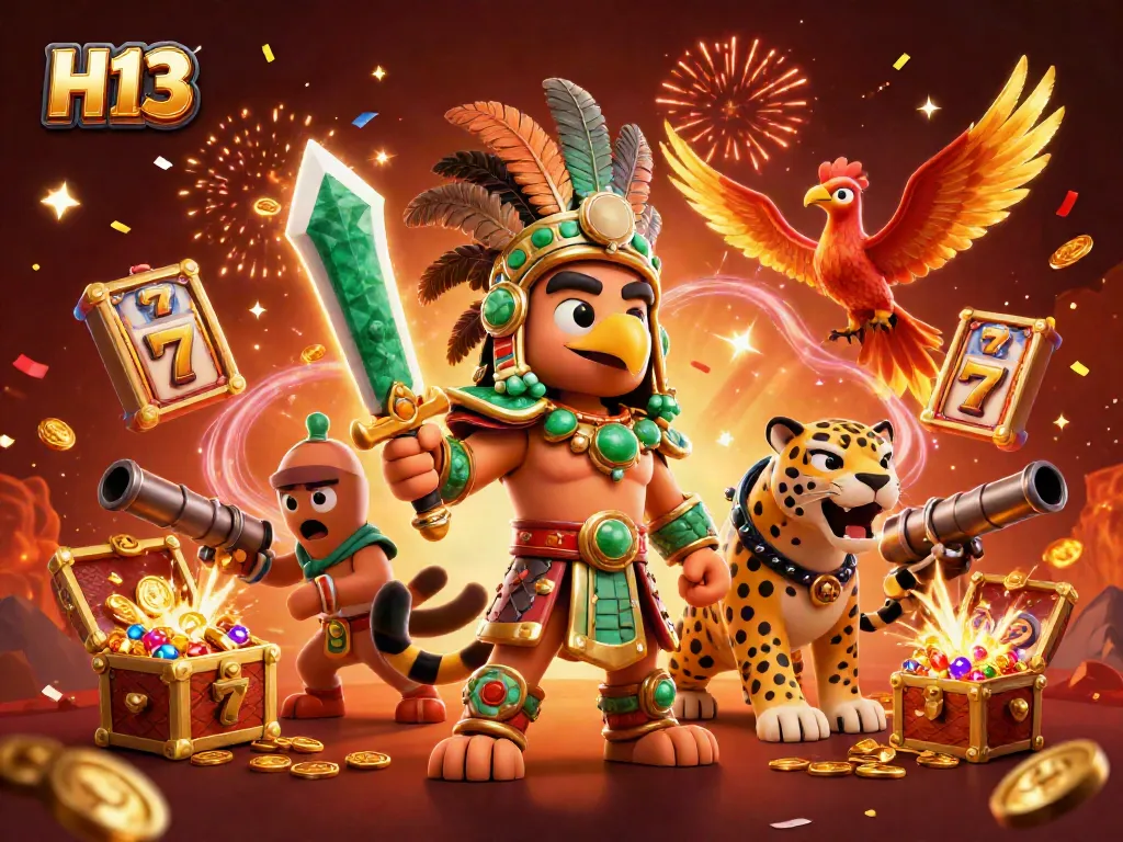 Experience H13's dynamic gaming adventure with an Aztec warrior and treasure in a vibrant casino scene.