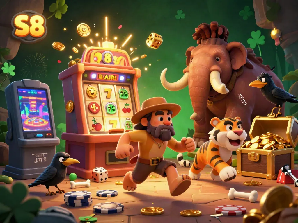 S8 engages players with an exciting casino scene featuring a caveman and sabertooth duo amidst bursting jackpots and casino games.