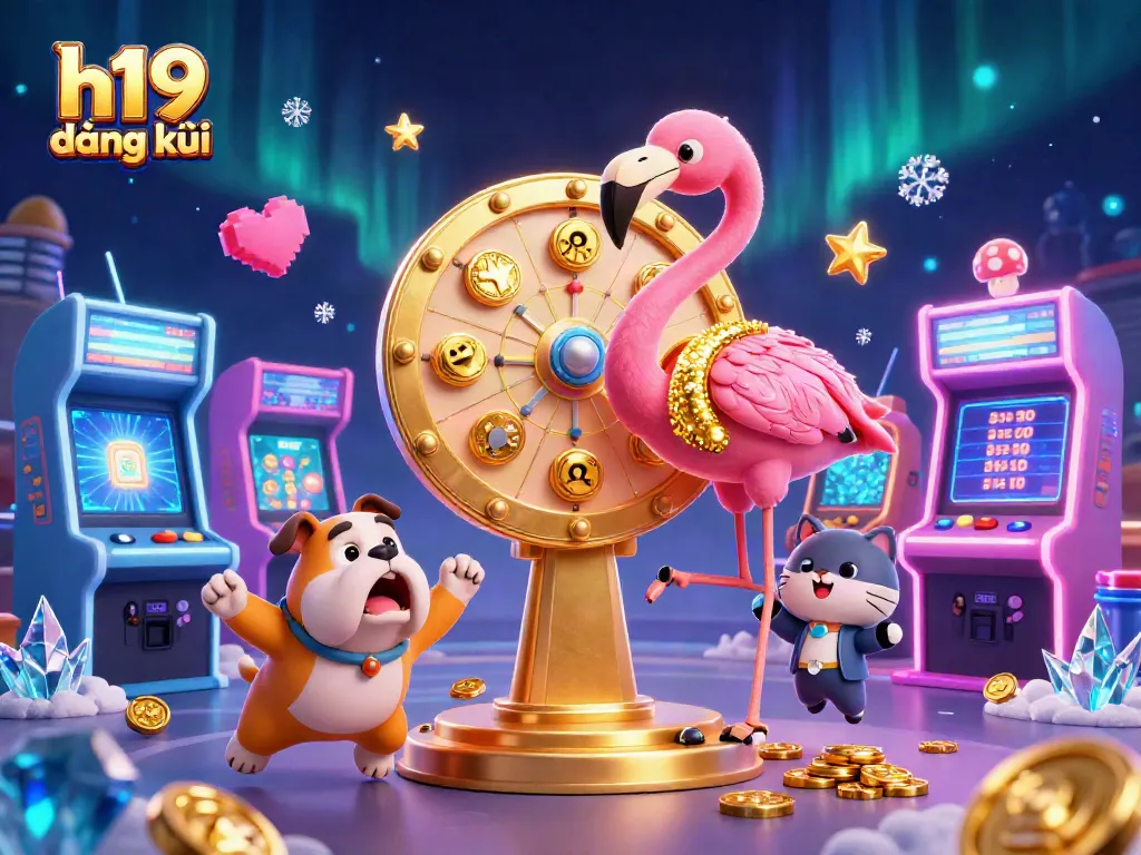 Spin the giant prize wheel at h19 đăng ký, surrounded by excited characters and casino elements.